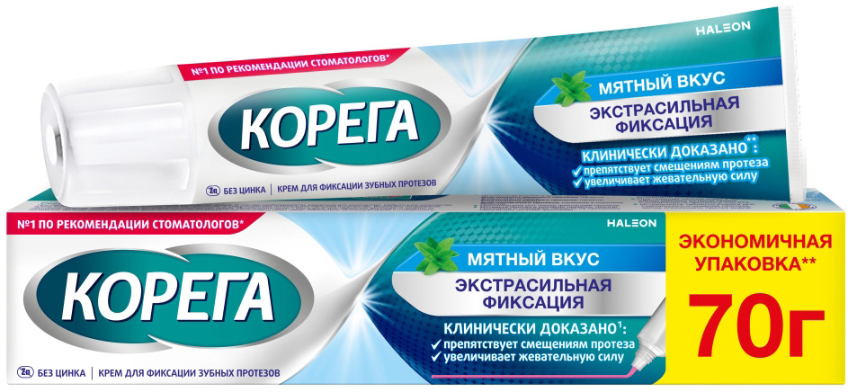 Корега Экстра сильный мятный, крем для фиксации зубных протезов, 70г