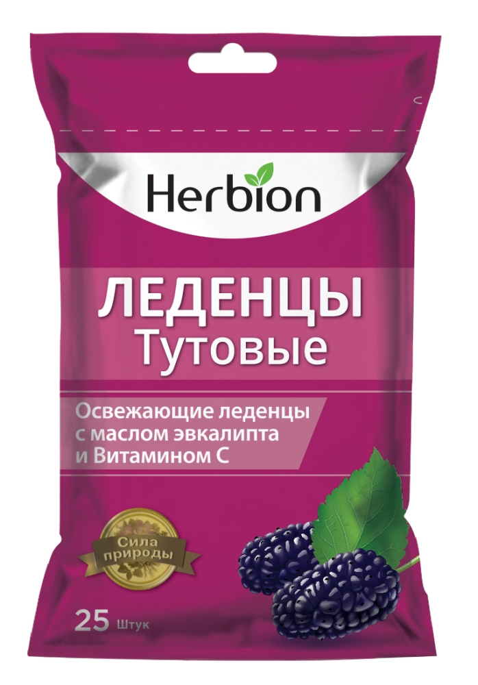 Хербион леденцы без сахара тутовые с маслом эвкалипта/витамином с 62,5г 25 шт.