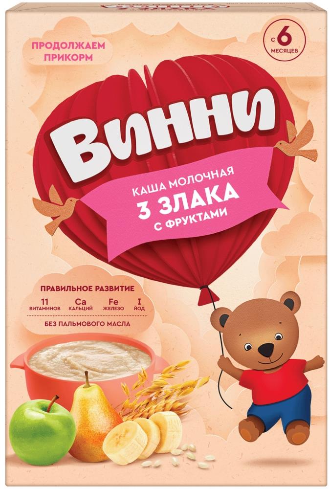 Винни каша молочная 3 злака с фруктами 6+ 200г, фото №1