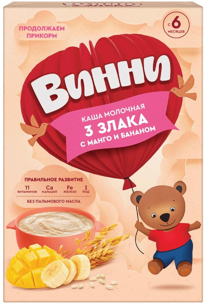 Винни каша молочная 3 злака Манго Банан 6+ 200г, фото №1