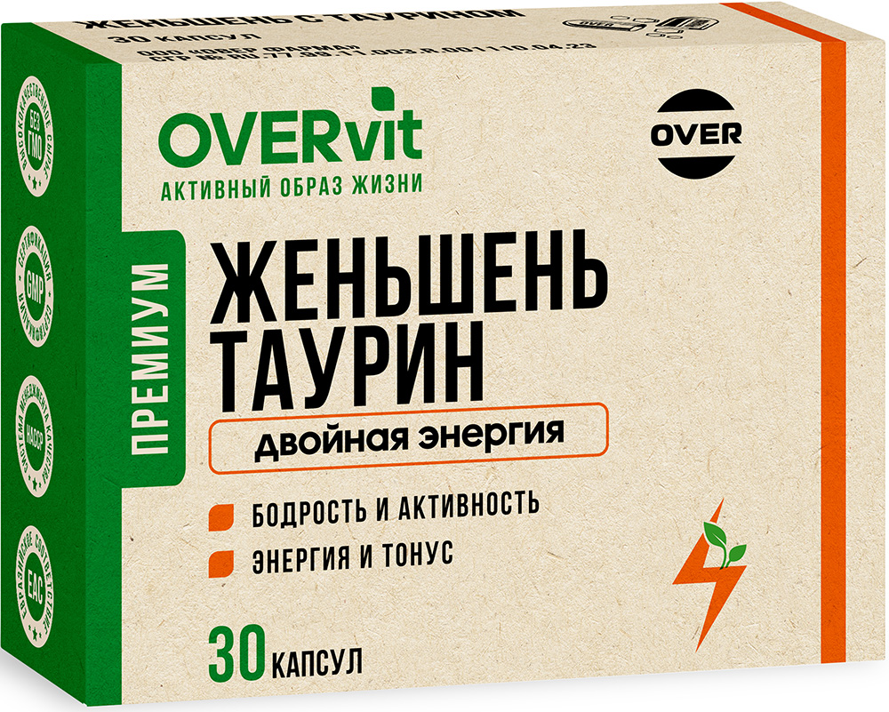 Овервит женьшень с таурином капсулы 30 шт., фото №1