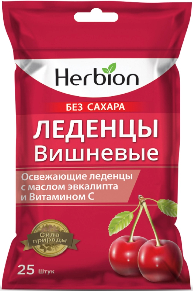 Хербион леденцы без сахара вишневые с маслом эвкалипта/витамином С 62,5г 25 шт.