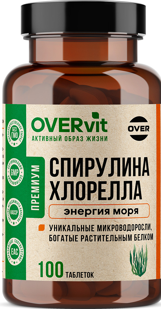 Овервит Спирулина+Хлорелла таблетки прессованные 100 шт.