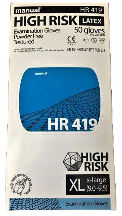 

МАНУАЛ ХАЙ РИСК перчатки смотровые нестерильные неопудренны латексные HR419 размер L 50 шт.