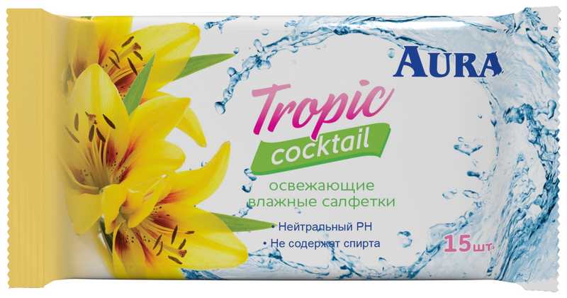 

АУРА салфетки влажные освежающие Тропический коктейль 15 шт.