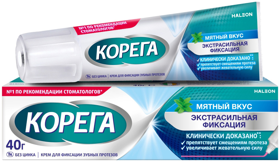 Корега Экстра Сильный Мятный, крем для фиксации зубных протезов, 40г