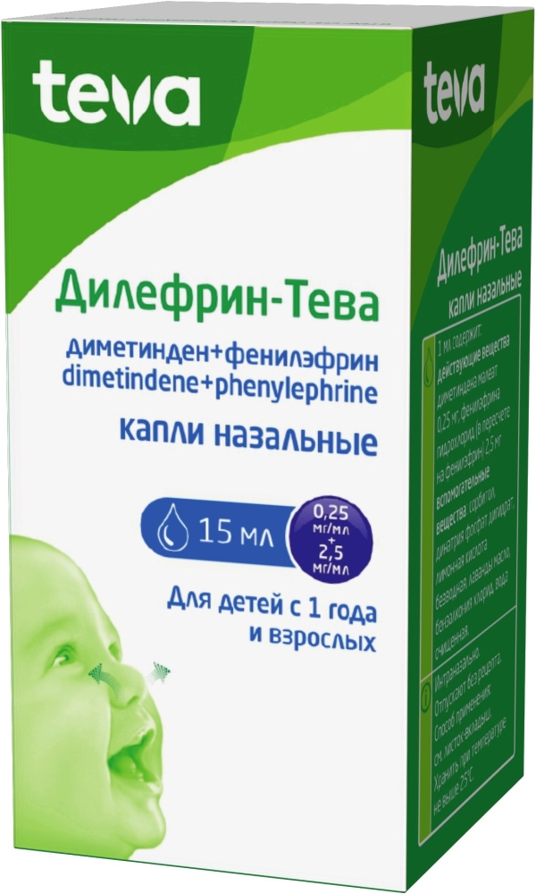Дилефрин-тева 0,25мг/мл+2,5мг/мл 15мл капли назальные