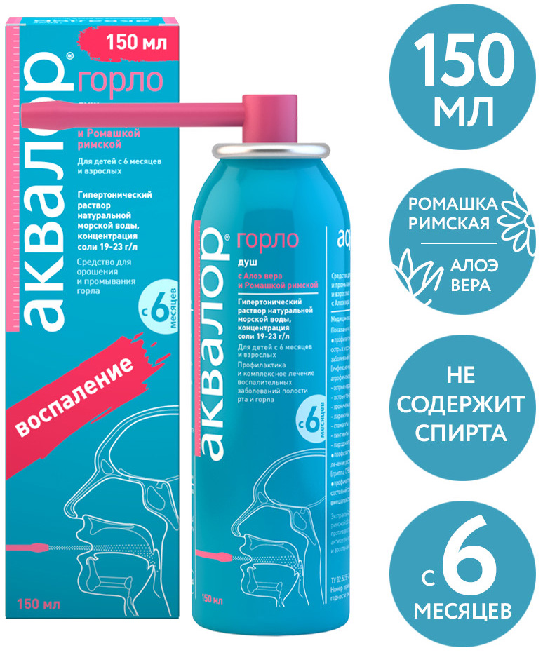 Аквалор горло средство для орошения/промывания горла алоэ+ромашка 150мл