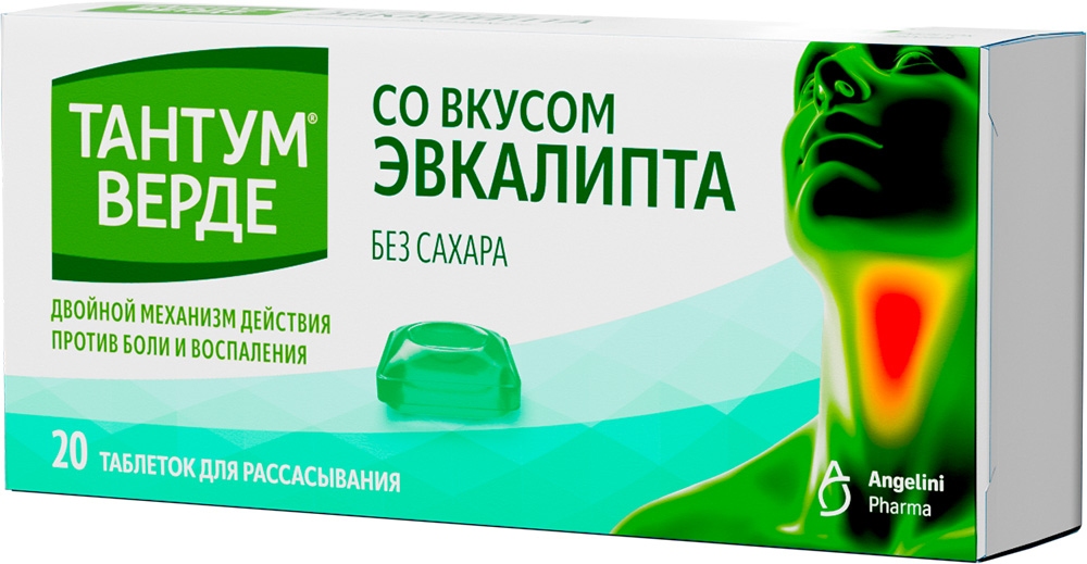 Тантум верде 3мг 20 шт. таблетки для рассасывания со вкусом эвкалипта aziende chimiche riunite angelini francesco a.c.r.a.f.