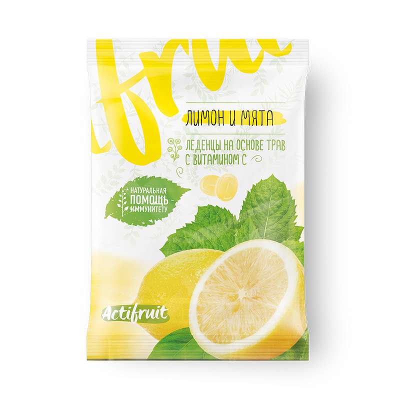 АКТИФРУТ леденцовая карамель с витамином С со вкусом лимона с мятой 60г